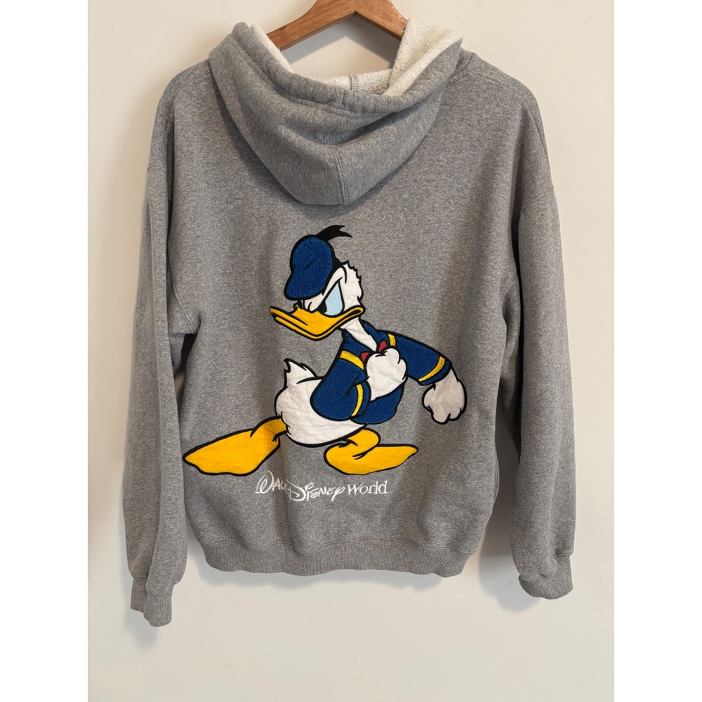 Walt Disney World Donald Duck Zip Up Hoodie Gray Chenille Applique Small